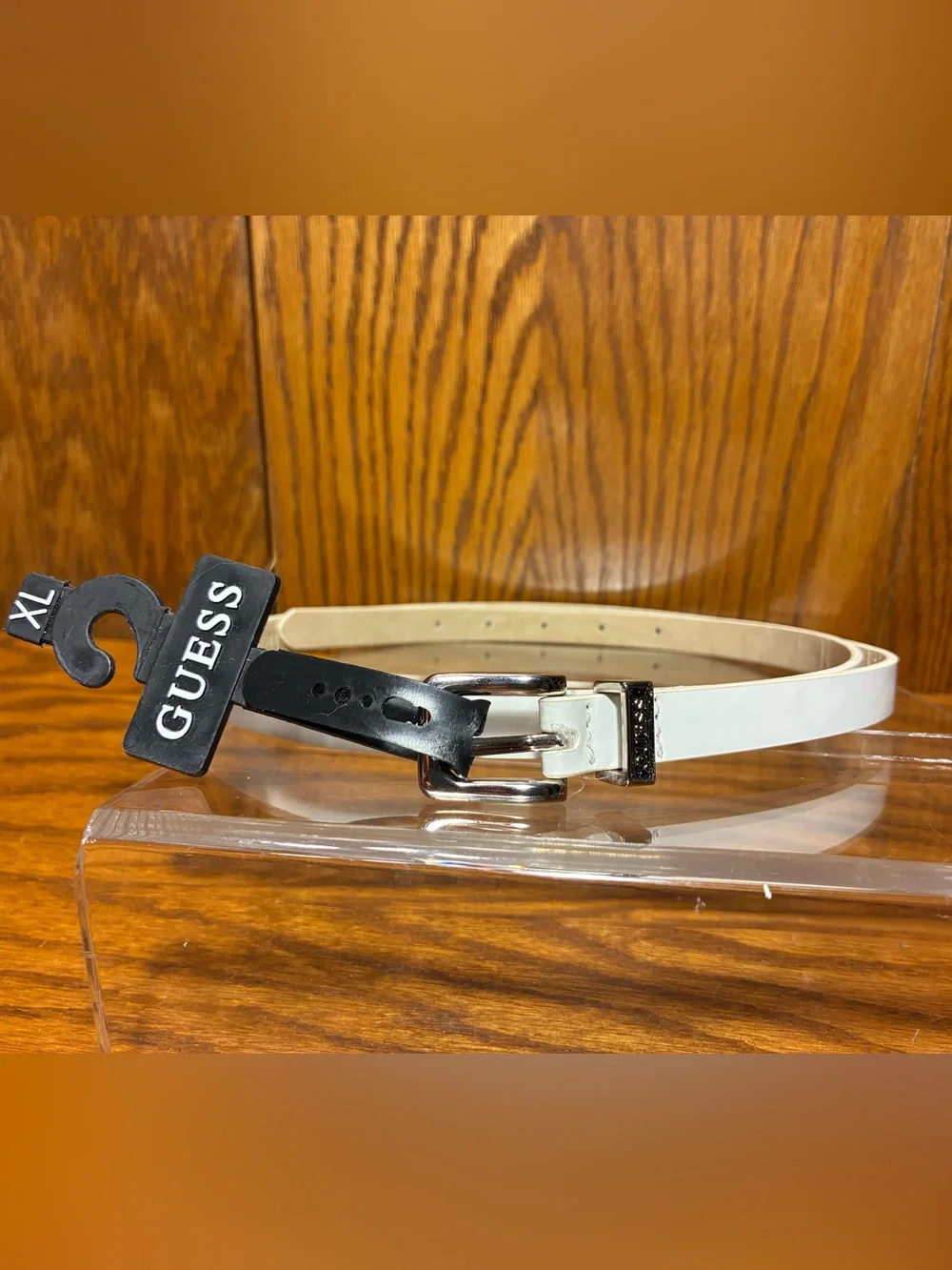 NWT Y2K VTG Guess White Patent Skinny Belt Silver Buckle Logo XL (FLAW)